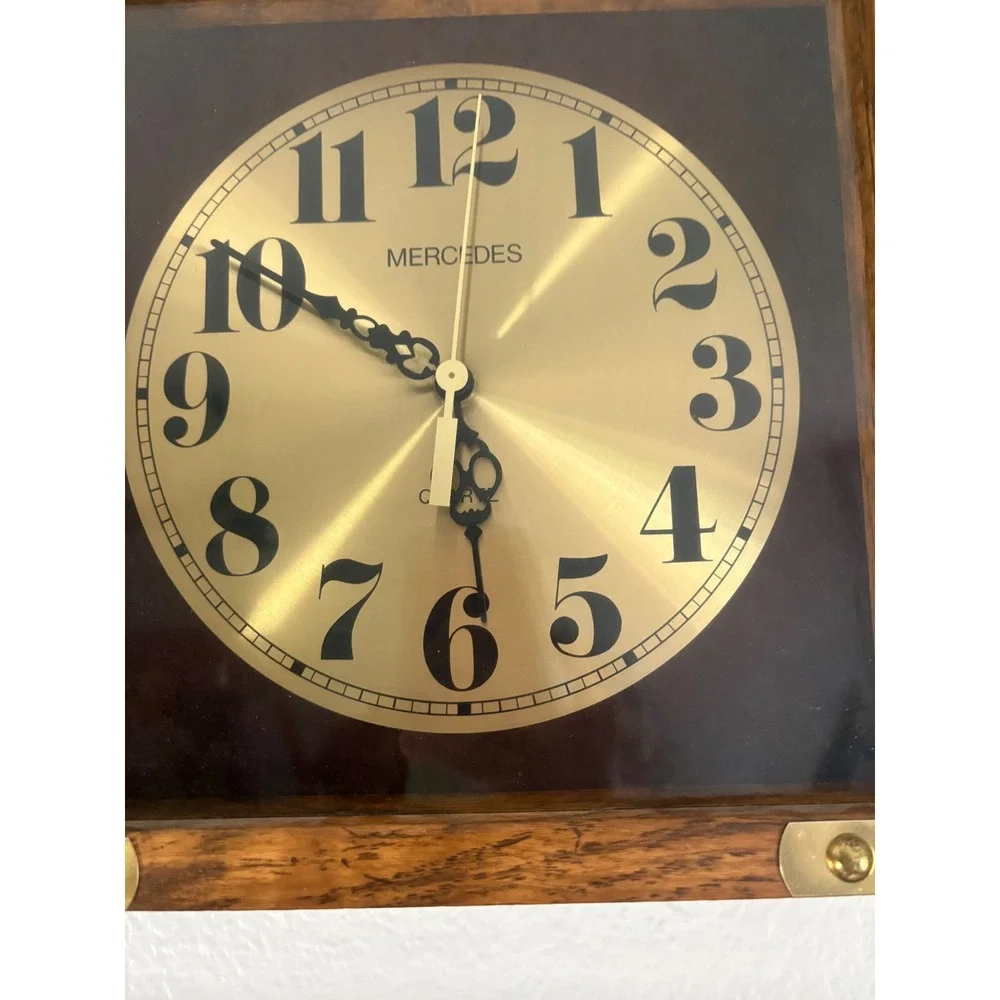 Vintage Mercedes Quartz Wall Clock Wood Brass Campaign Style Square Gold Dial